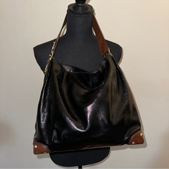 Michael Kors Joplin Patent Leather Hobo Large Shoulder Bag Black - Picture 1 of 12